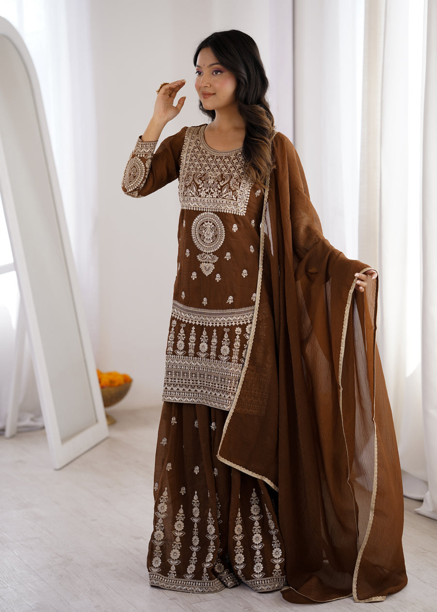 BROWN COLOR PURE CRUNCHY SILK SHARARA SUIT SET