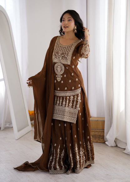 BROWN COLOR PURE CRUNCHY SILK SHARARA SUIT SET