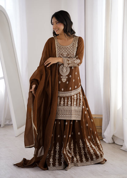 BROWN COLOR PURE CRUNCHY SILK SHARARA SUIT SET