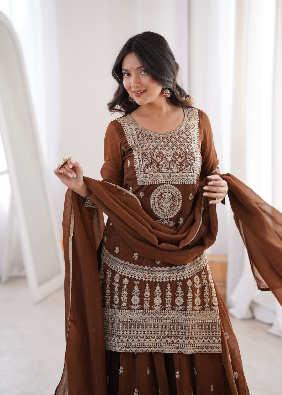 BROWN COLOR PURE CRUNCHY SILK SHARARA SUIT SET