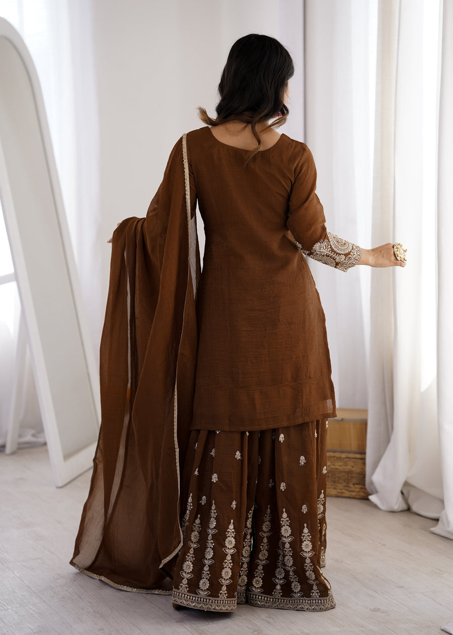 BROWN COLOR PURE CRUNCHY SILK SHARARA SUIT SET