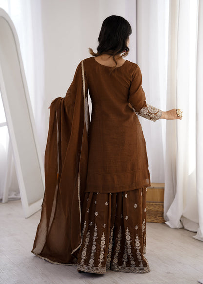 BROWN COLOR PURE CRUNCHY SILK SHARARA SUIT SET
