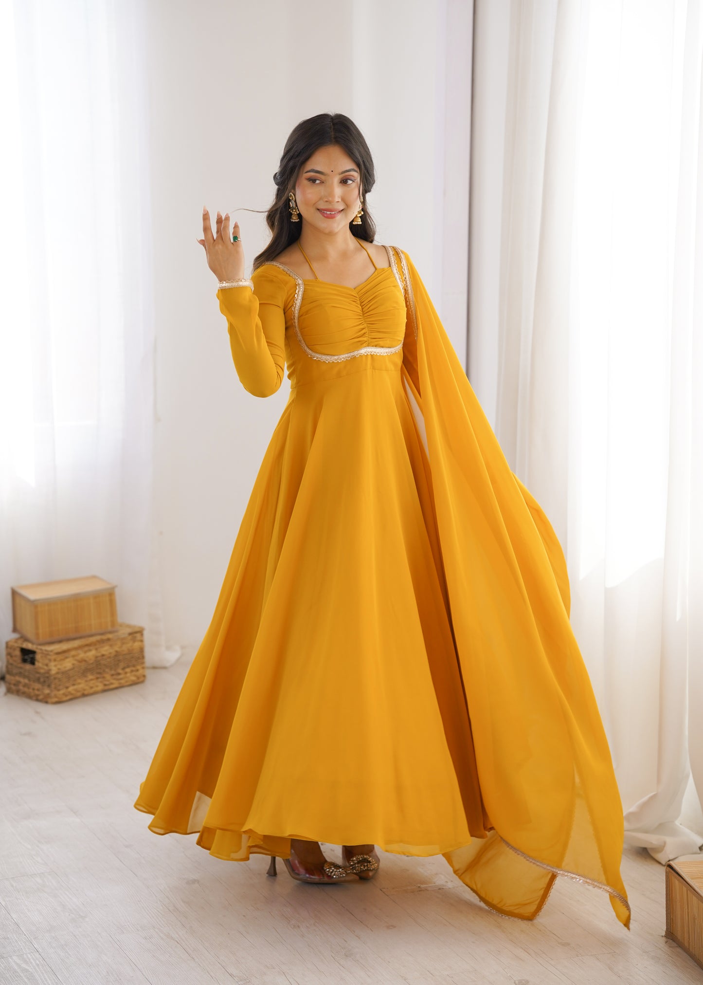 YELLOW COLOR PURE BLOOMING GEORGETTE ANARKALI GOWN