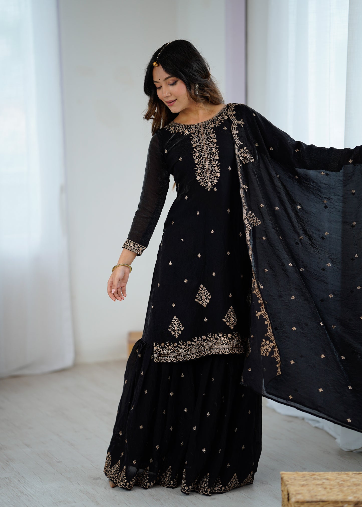 BLACK COLOR PURE SOFT CRUNCHY SILK BASE EMBROIDERED SHARARA SUIT SET OF 3