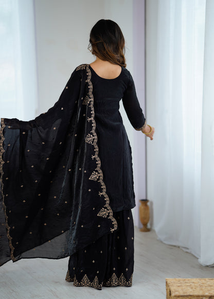 BLACK COLOR PURE SOFT CRUNCHY SILK BASE EMBROIDERED SHARARA SUIT SET OF 3