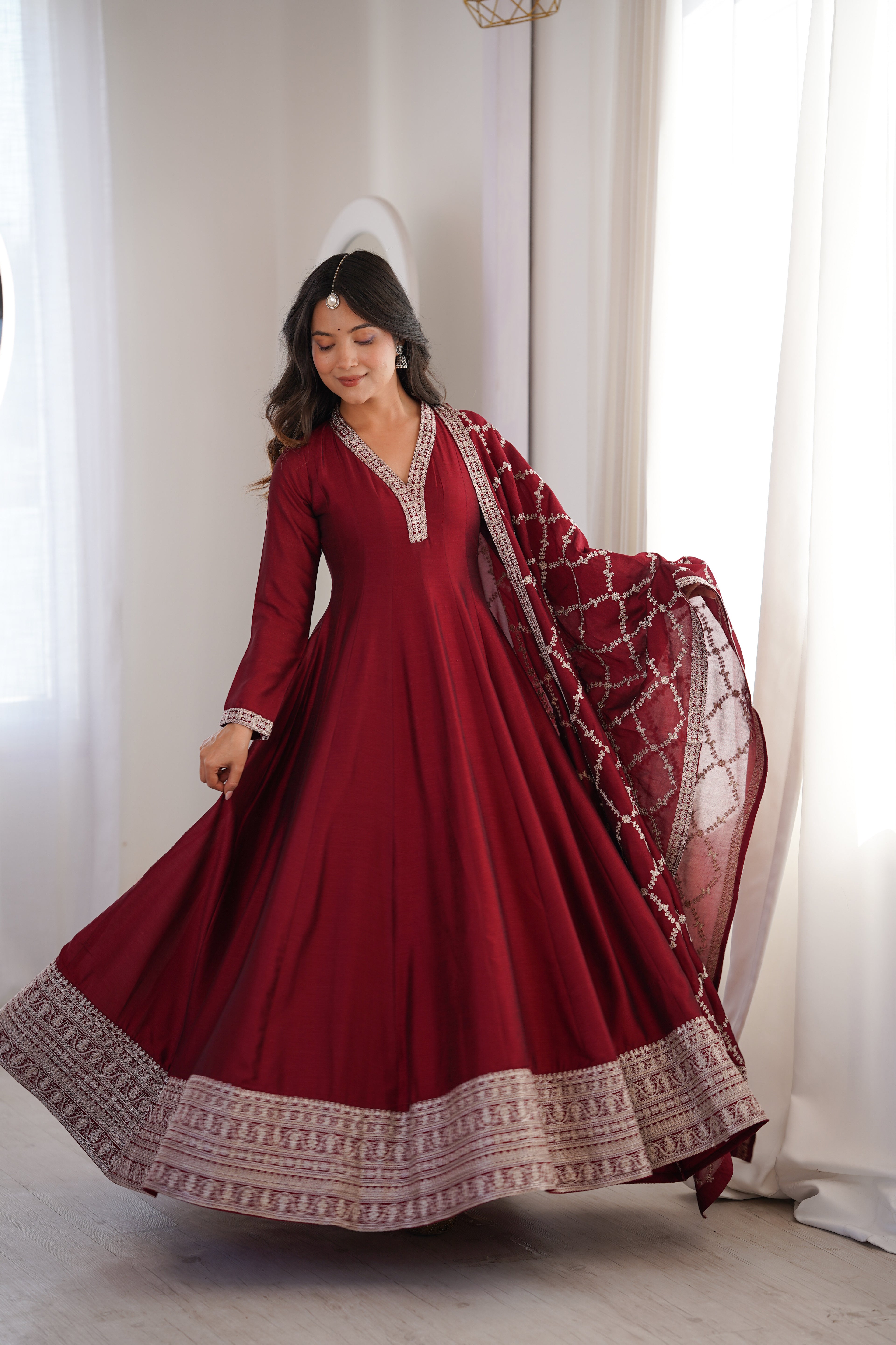 DARK MAROON COLOR VICHITRA SILK EMBROIDERED GOWN