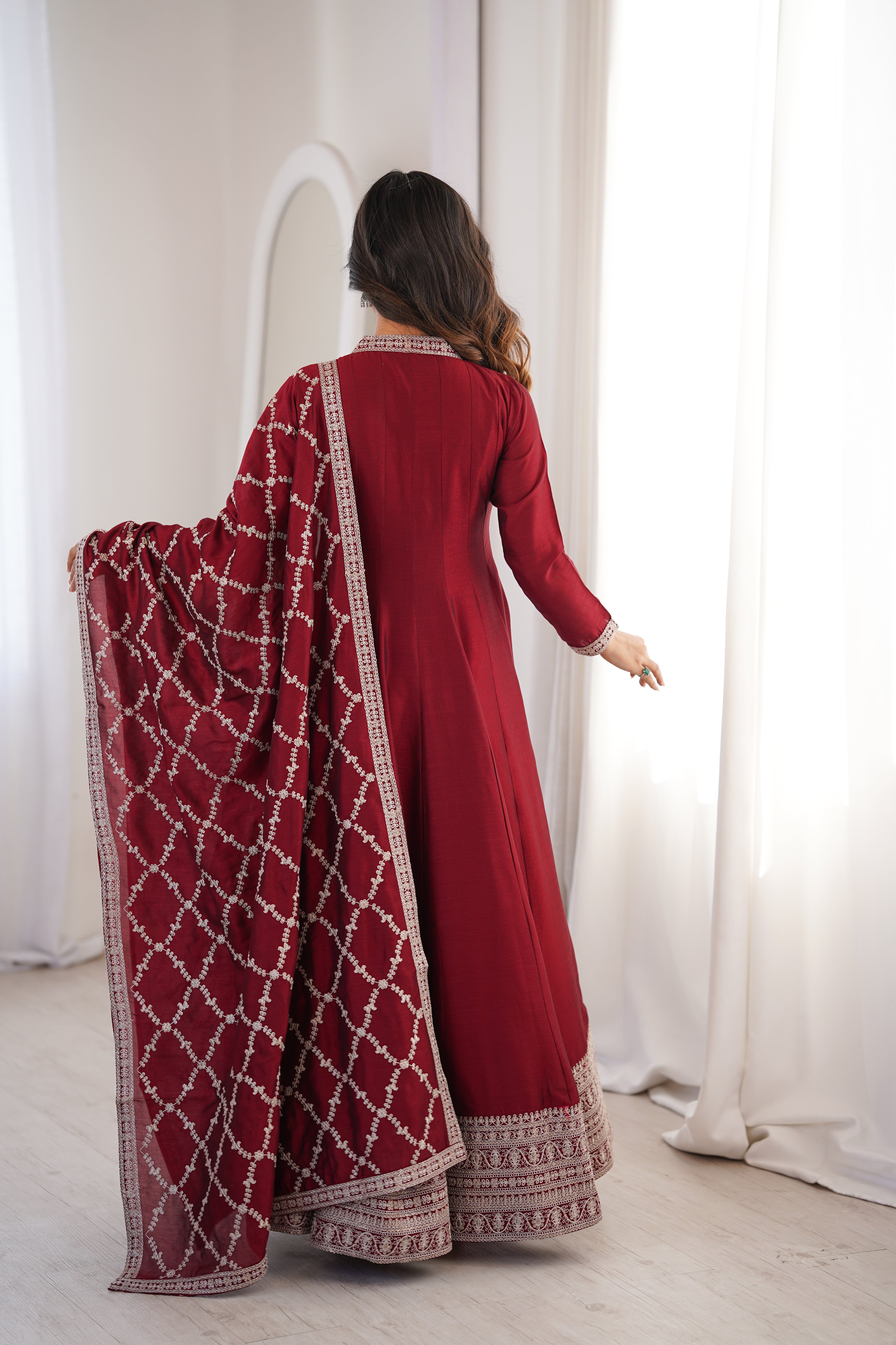 DARK MAROON COLOR VICHITRA SILK EMBROIDERED GOWN