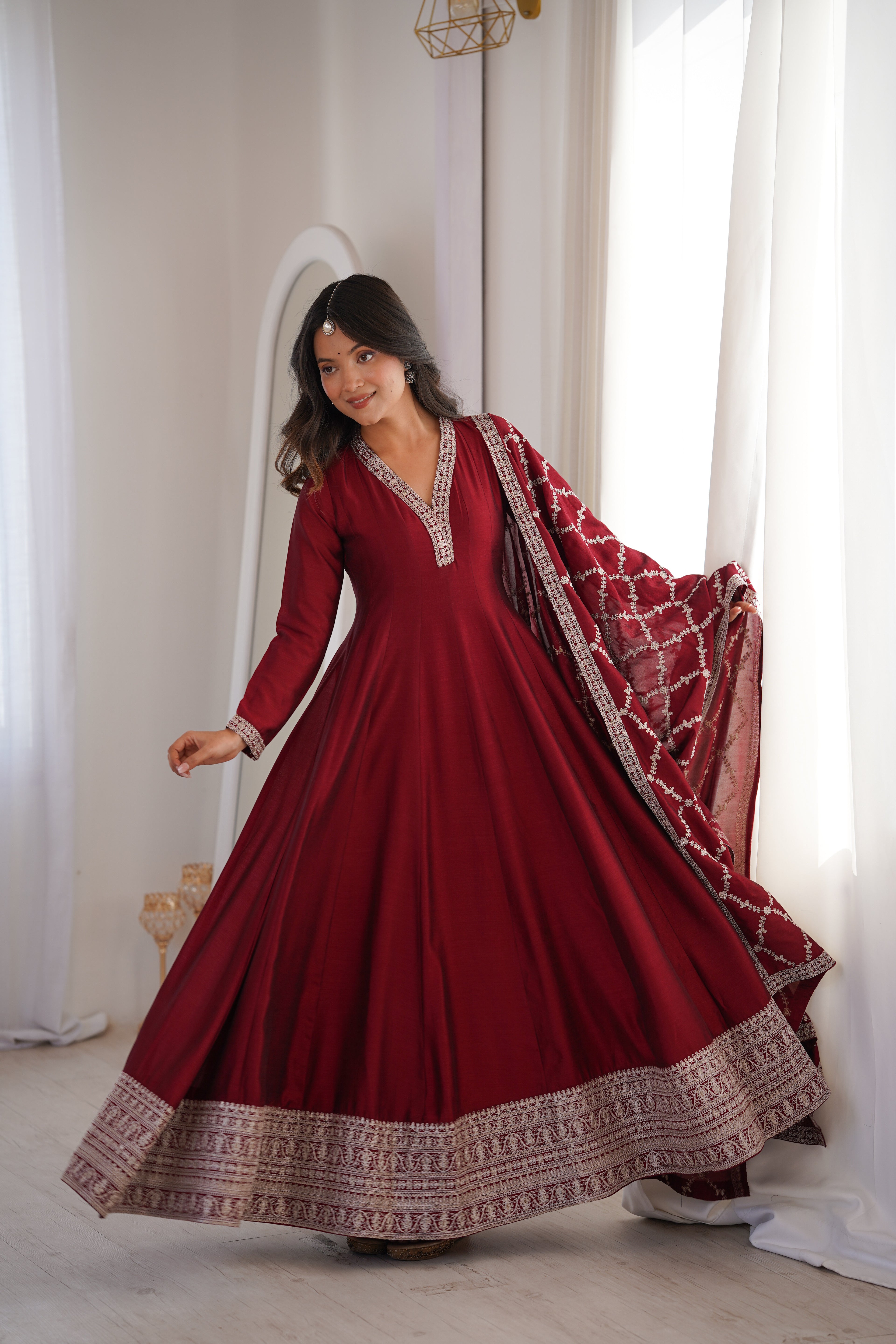 DARK MAROON COLOR VICHITRA SILK EMBROIDERED GOWN