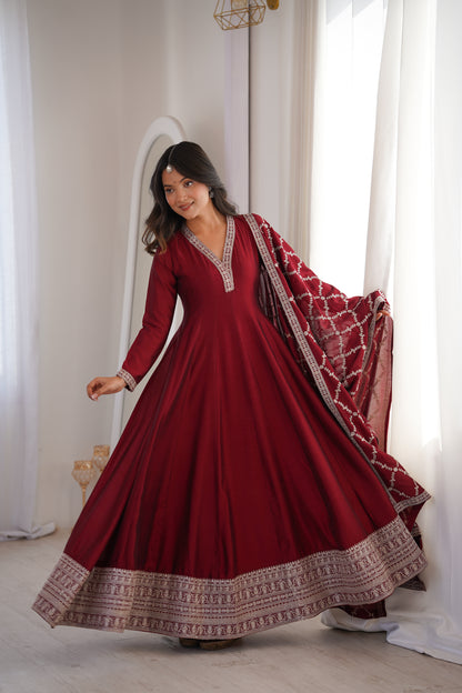 DARK MAROON COLOR VICHITRA SILK EMBROIDERED GOWN
