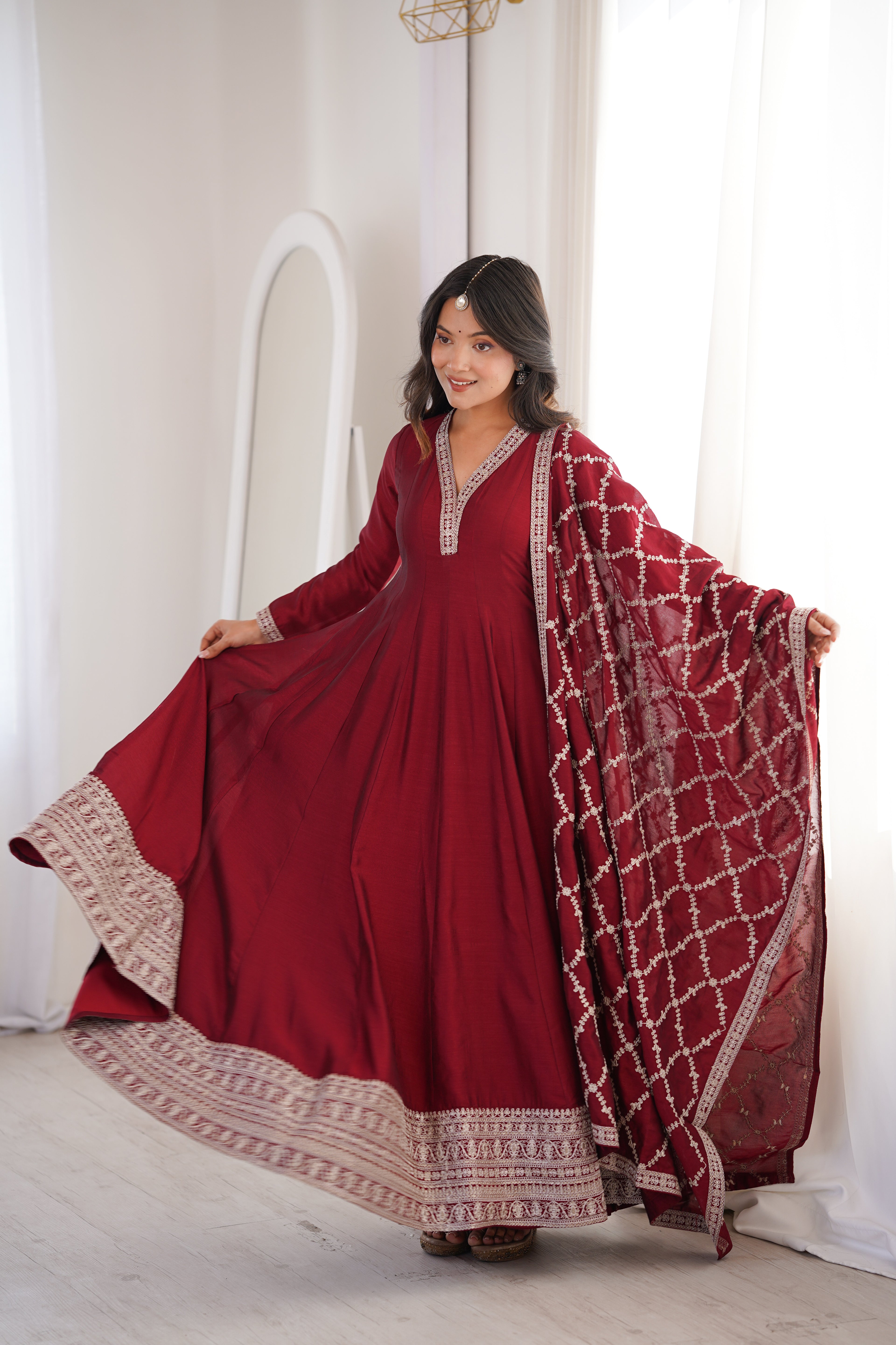 DARK MAROON COLOR VICHITRA SILK EMBROIDERED GOWN
