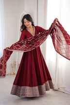 DARK MAROON COLOR VICHITRA SILK EMBROIDERED GOWN