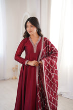 DARK MAROON COLOR VICHITRA SILK EMBROIDERED GOWN