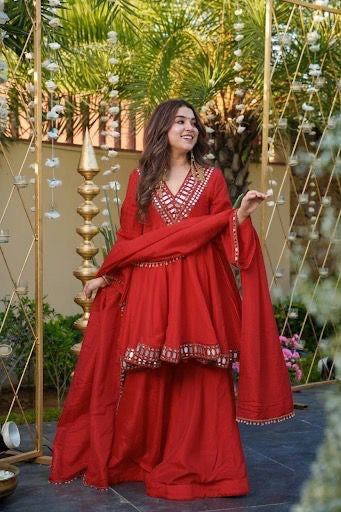 RED COLOR CHINON SILK BASE SHARARA SET