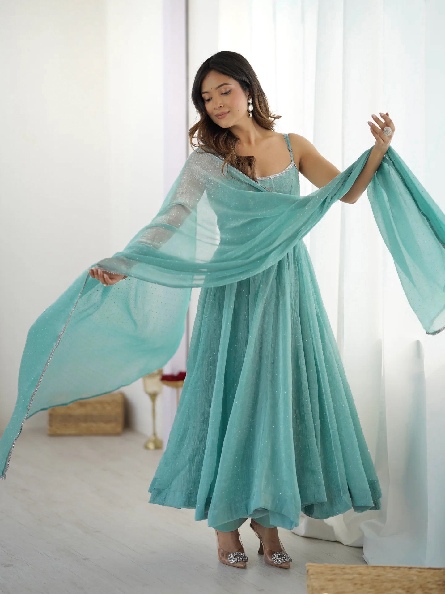 AQUA COLOR CRUNCHY SILK BASE SIROSKI WORK ANARKALI SUIT SET OF 3