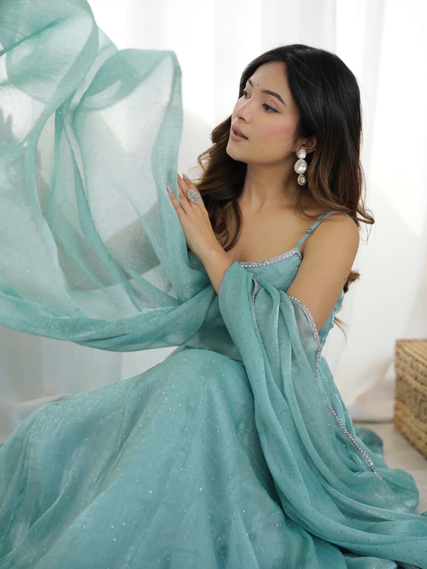 AQUA COLOR CRUNCHY SILK BASE SIROSKI WORK ANARKALI SUIT SET OF 3