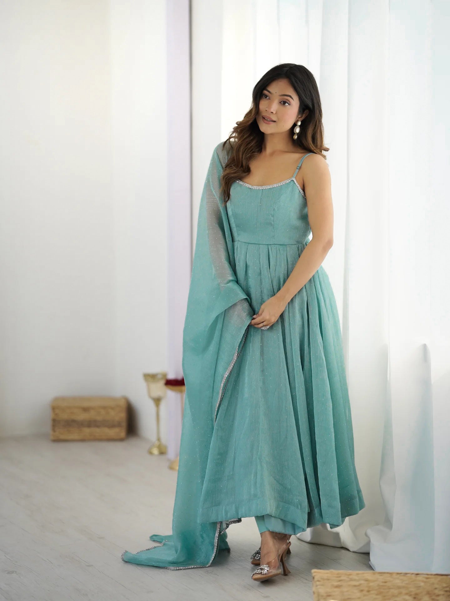 AQUA COLOR CRUNCHY SILK BASE SIROSKI WORK ANARKALI SUIT SET OF 3