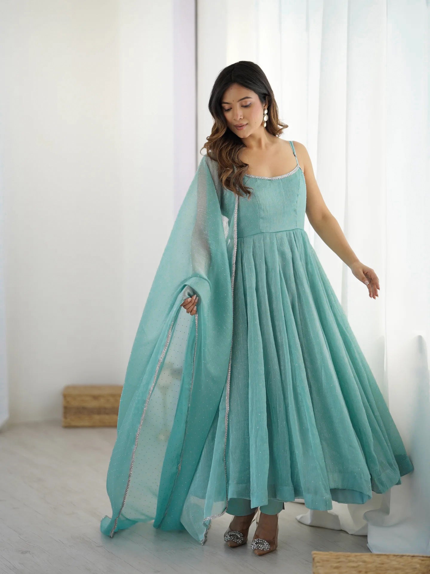 AQUA COLOR CRUNCHY SILK BASE SIROSKI WORK ANARKALI SUIT SET OF 3