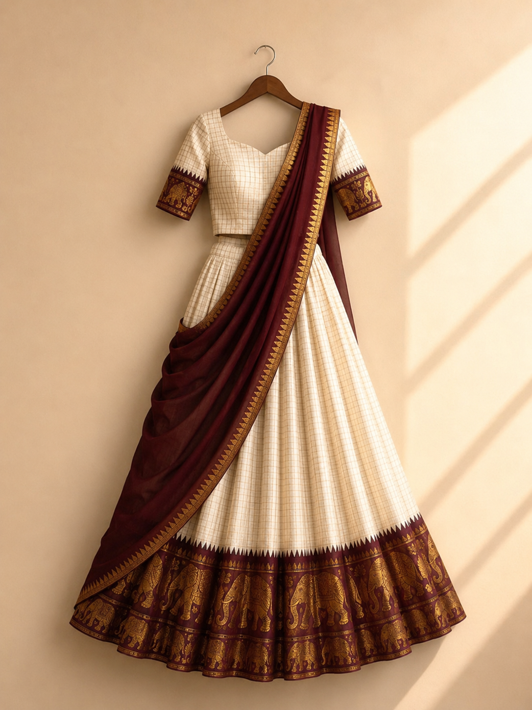 ONAM SPECIAL WHITE AND MAROON COLOR POLY COTTON HALF SAREE