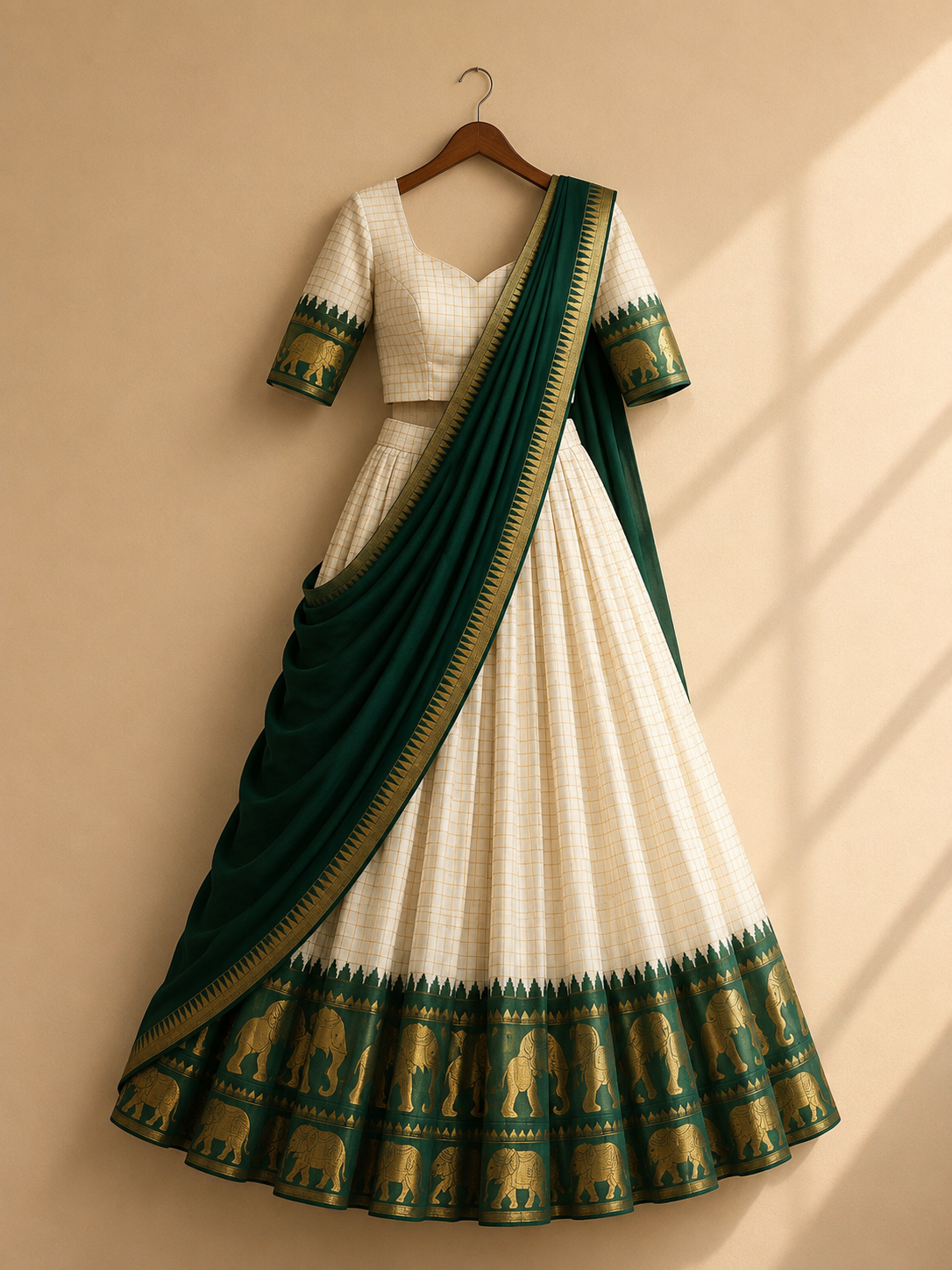 ONAM SPECIAL WHITE AND GREEN COLOR POLY COTTON HALF SAREE