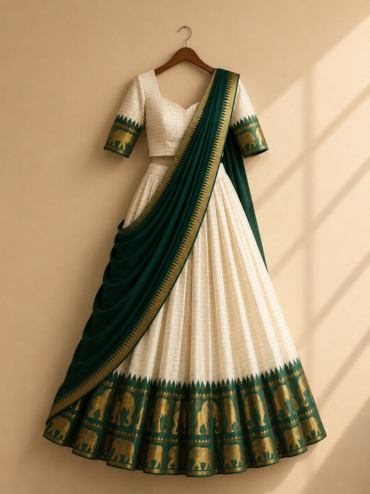 ONAM SPECIAL WHITE AND GREEN COLOR POLY COTTON HALF SAREE