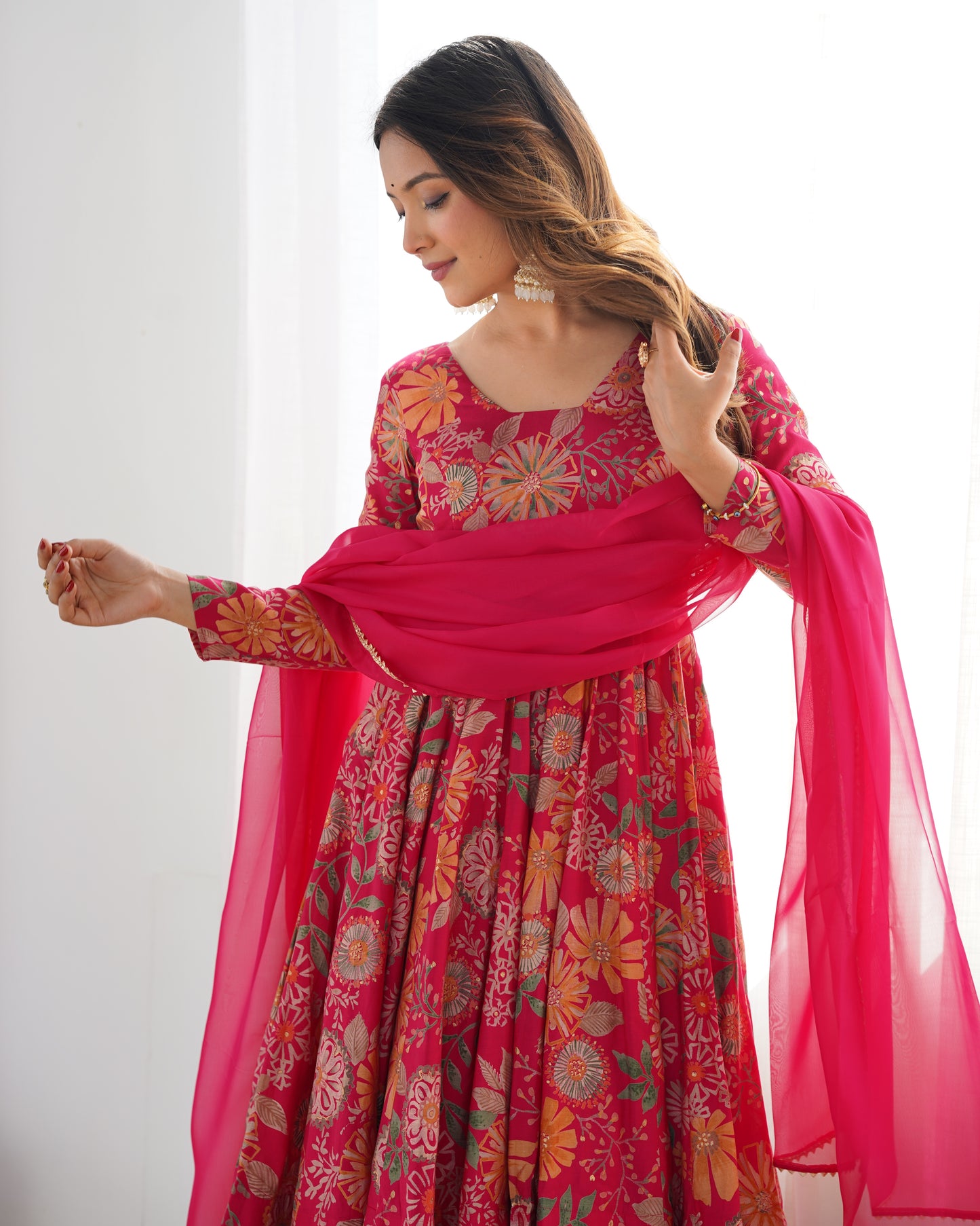 RANI PINK COLOR ROMAN SILK BASE PRINTED PLAZZO SUIT SET OF 3