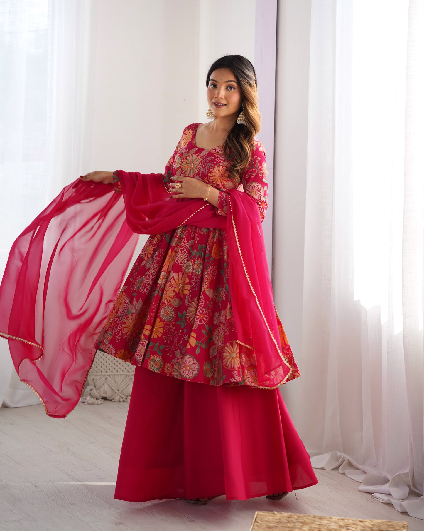RANI PINK COLOR ROMAN SILK BASE PRINTED PLAZZO SUIT SET OF 3