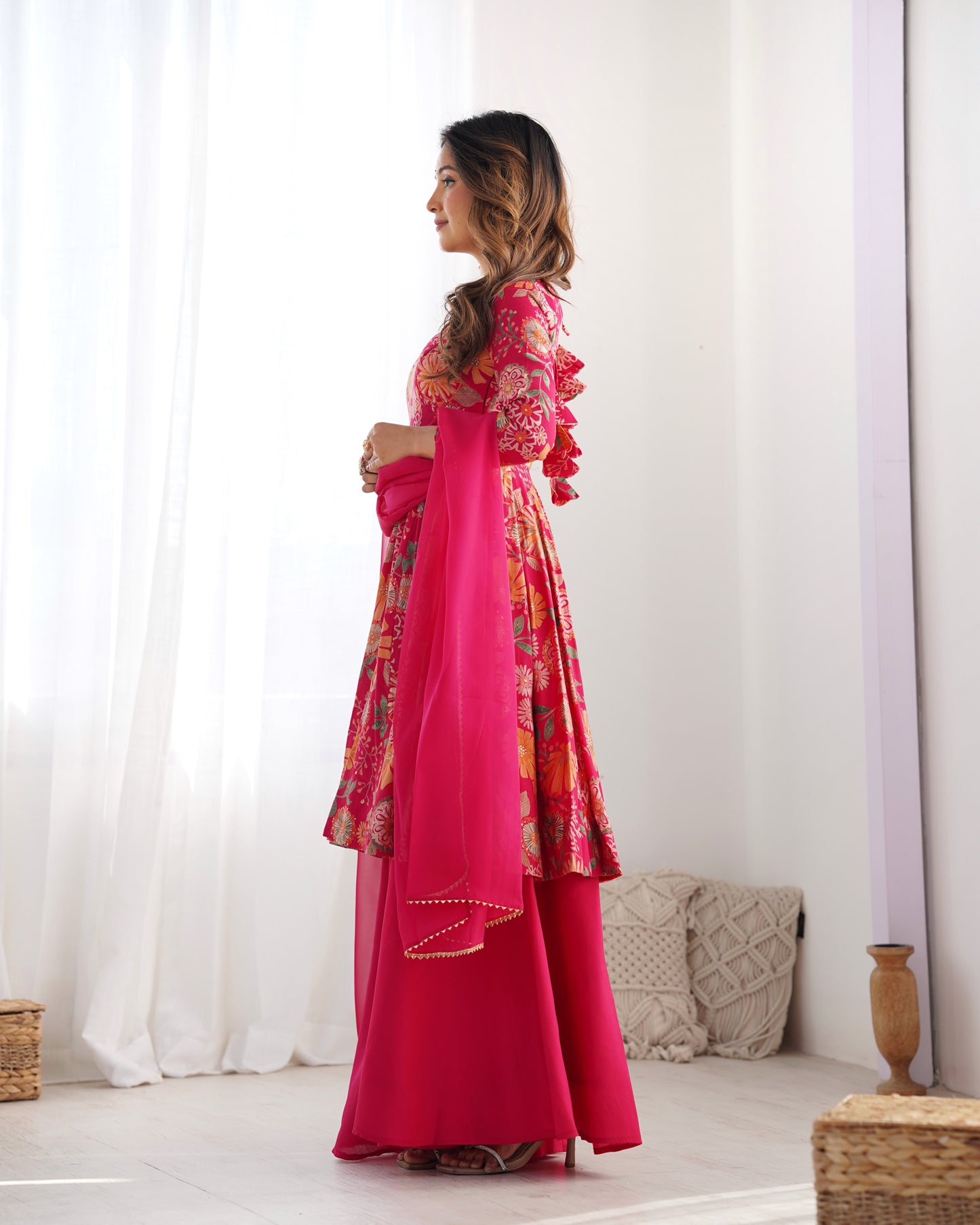 RANI PINK COLOR ROMAN SILK BASE PRINTED PLAZZO SUIT SET OF 3