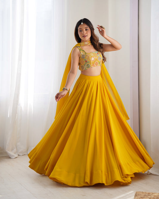 HALDI SPECIAL PURE SOFT FOX GEORGETTE BLOOMING FABRIC LEHENGHA CHOLI WITH FANCY BLOUSE FULLY STITCHED