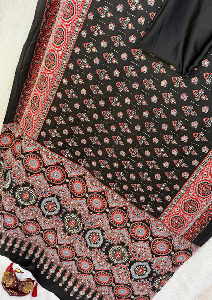 IVORY AJRAKH PRINT MIRROR WORK SAREE