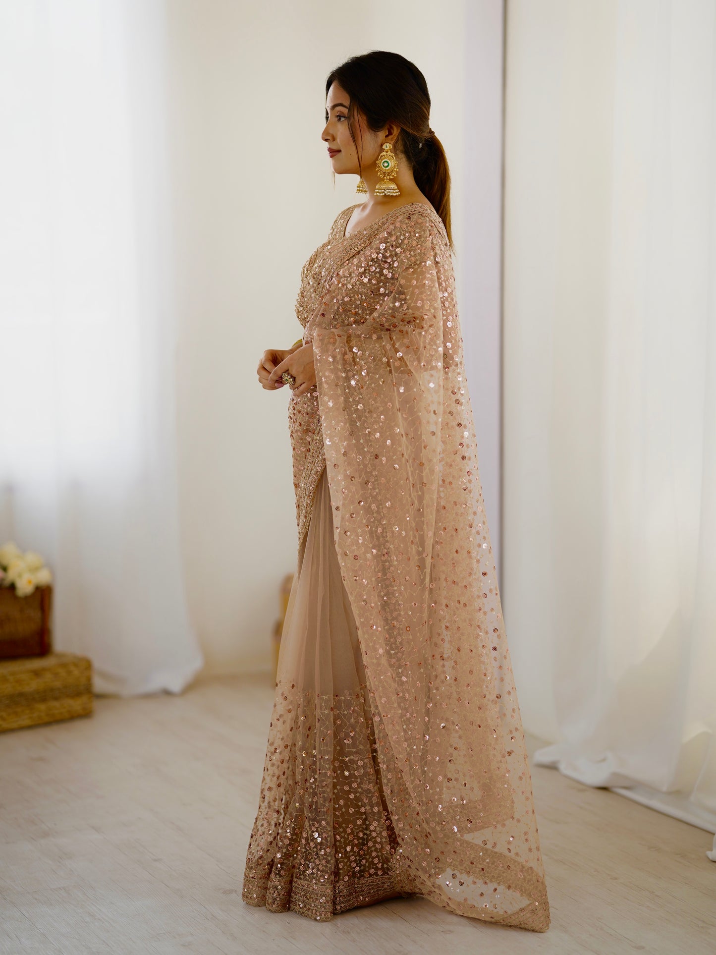 GOLDEN SOFT NET BEAUTIFUL DESIGNER SAREE