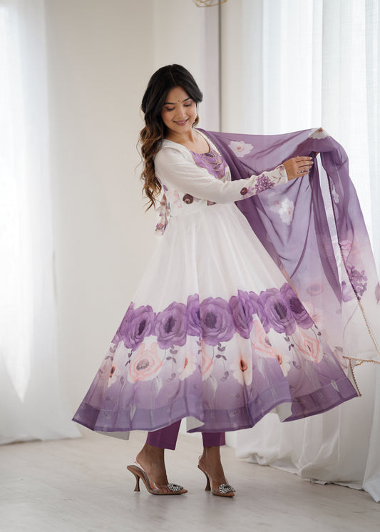 VIOLET FLORAL PRINT ORGANZA BASE ANARKALI SUIT SET