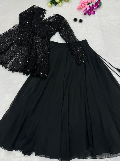 BLACK COLOR GEORGETTE BASE EMBROIDERED JACKET WITH LEHENGA