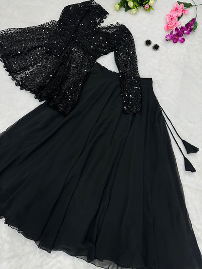 BLACK COLOR GEORGETTE BASE EMBROIDERED JACKET WITH LEHENGA