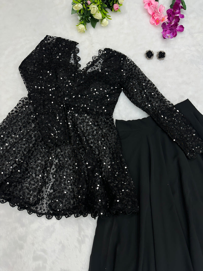 BLACK COLOR GEORGETTE BASE EMBROIDERED JACKET WITH LEHENGA