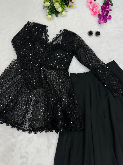 BLACK COLOR GEORGETTE BASE EMBROIDERED JACKET WITH LEHENGA