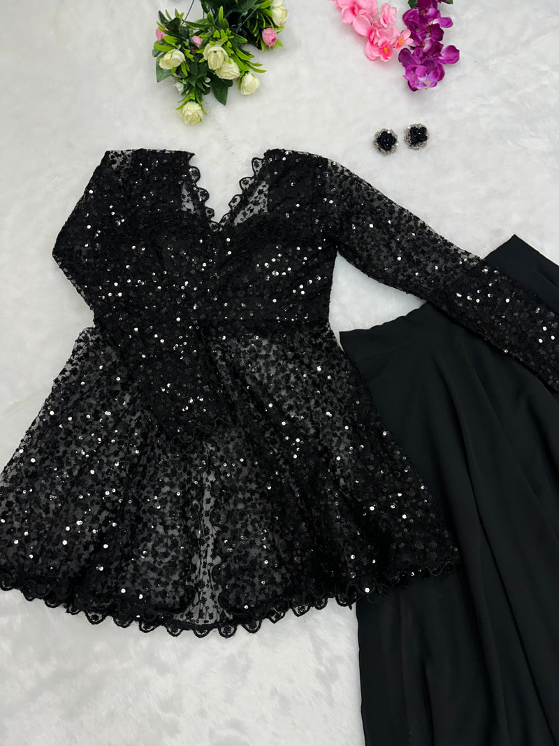 BLACK COLOR GEORGETTE BASE EMBROIDERED JACKET WITH LEHENGA