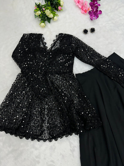 BLACK COLOR GEORGETTE BASE EMBROIDERED JACKET WITH LEHENGA