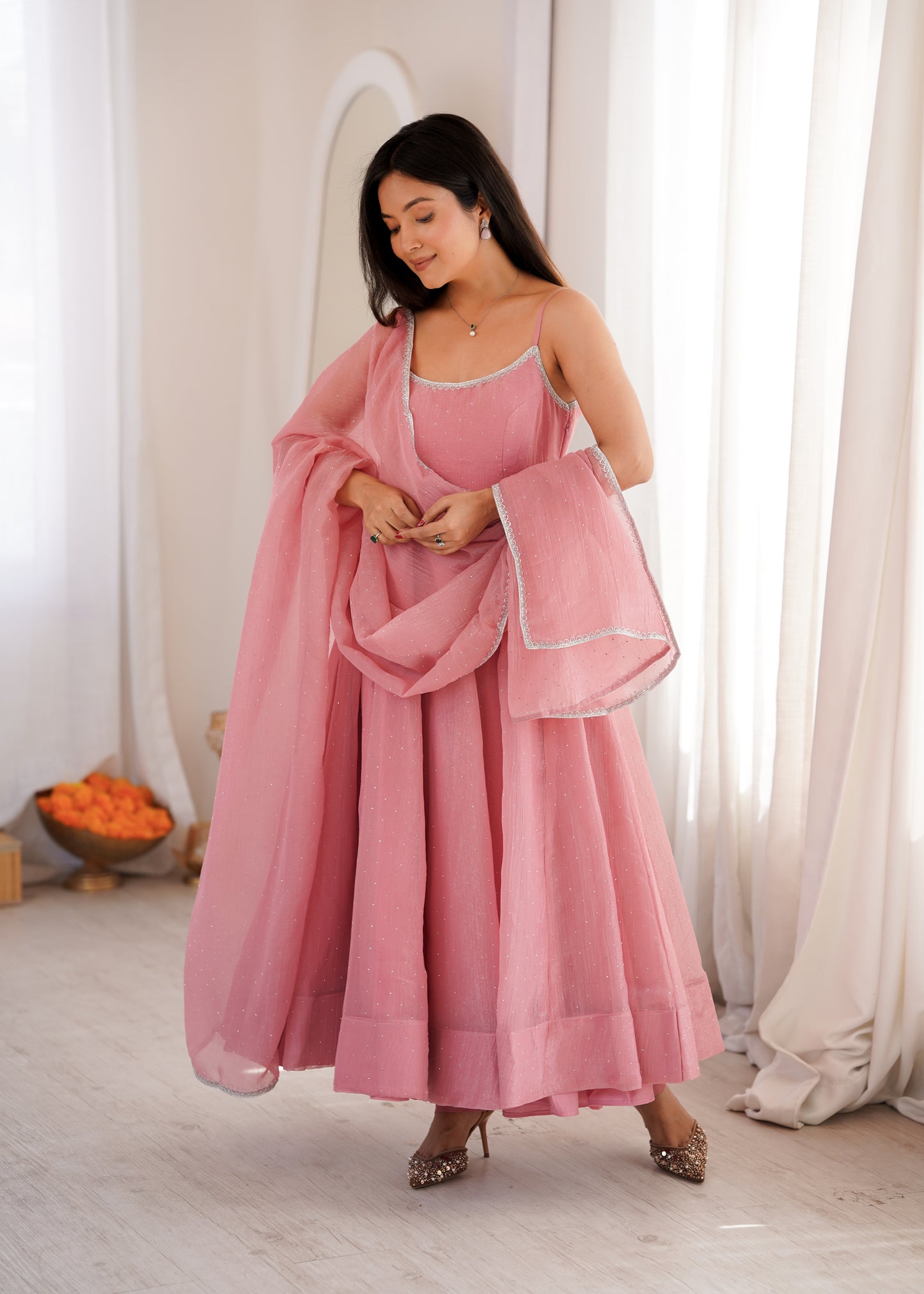 DUSTY PINK COLOR CRUNCHY SILK ANARKALI SUIT SET