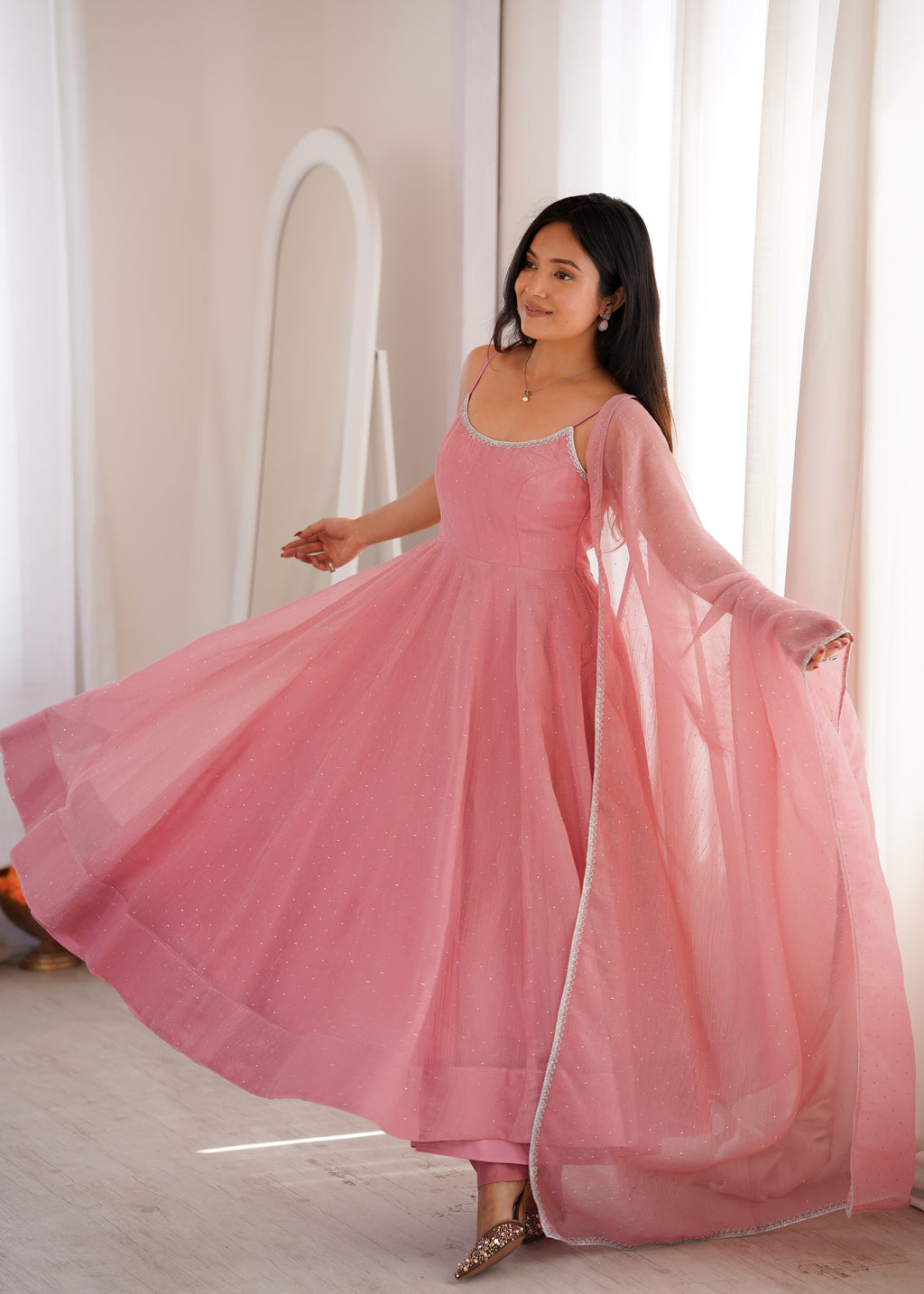 DUSTY PINK COLOR CRUNCHY SILK ANARKALI SUIT SET