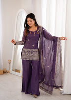 DESIGNER CRUNCHY SILK EMBROIDERED SUIT WITH BELL BOTTOM PALAZZO SET