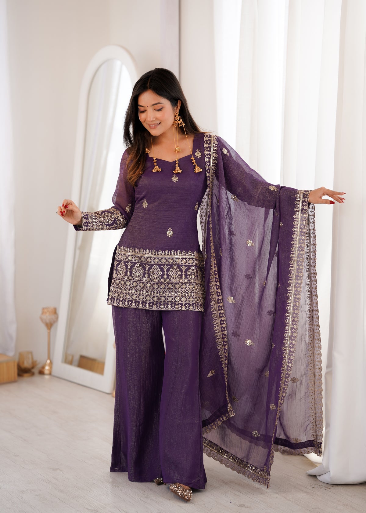 DESIGNER CRUNCHY SILK EMBROIDERED SUIT WITH BELL BOTTOM PALAZZO SET