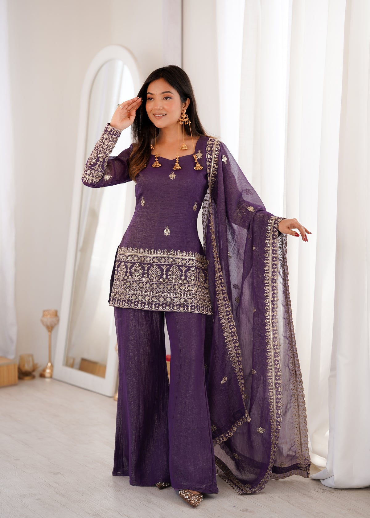 DESIGNER CRUNCHY SILK EMBROIDERED SUIT WITH BELL BOTTOM PALAZZO SET