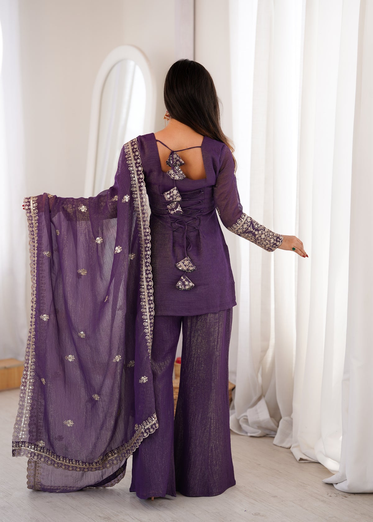 DESIGNER CRUNCHY SILK EMBROIDERED SUIT WITH BELL BOTTOM PALAZZO SET