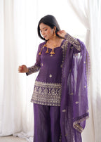 DESIGNER CRUNCHY SILK EMBROIDERED SUIT WITH BELL BOTTOM PALAZZO SET