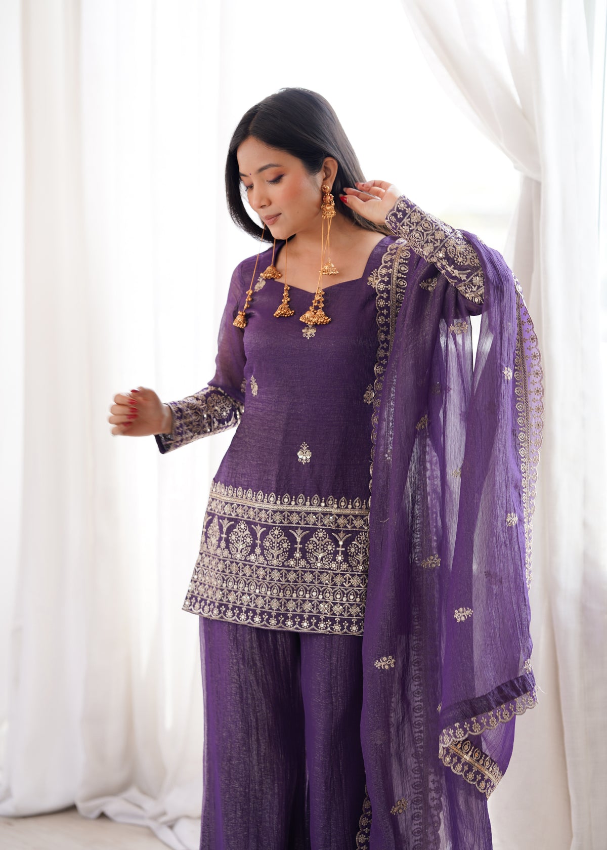 DESIGNER CRUNCHY SILK EMBROIDERED SUIT WITH BELL BOTTOM PALAZZO SET