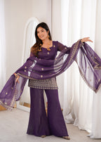 DESIGNER CRUNCHY SILK EMBROIDERED SUIT WITH BELL BOTTOM PALAZZO SET