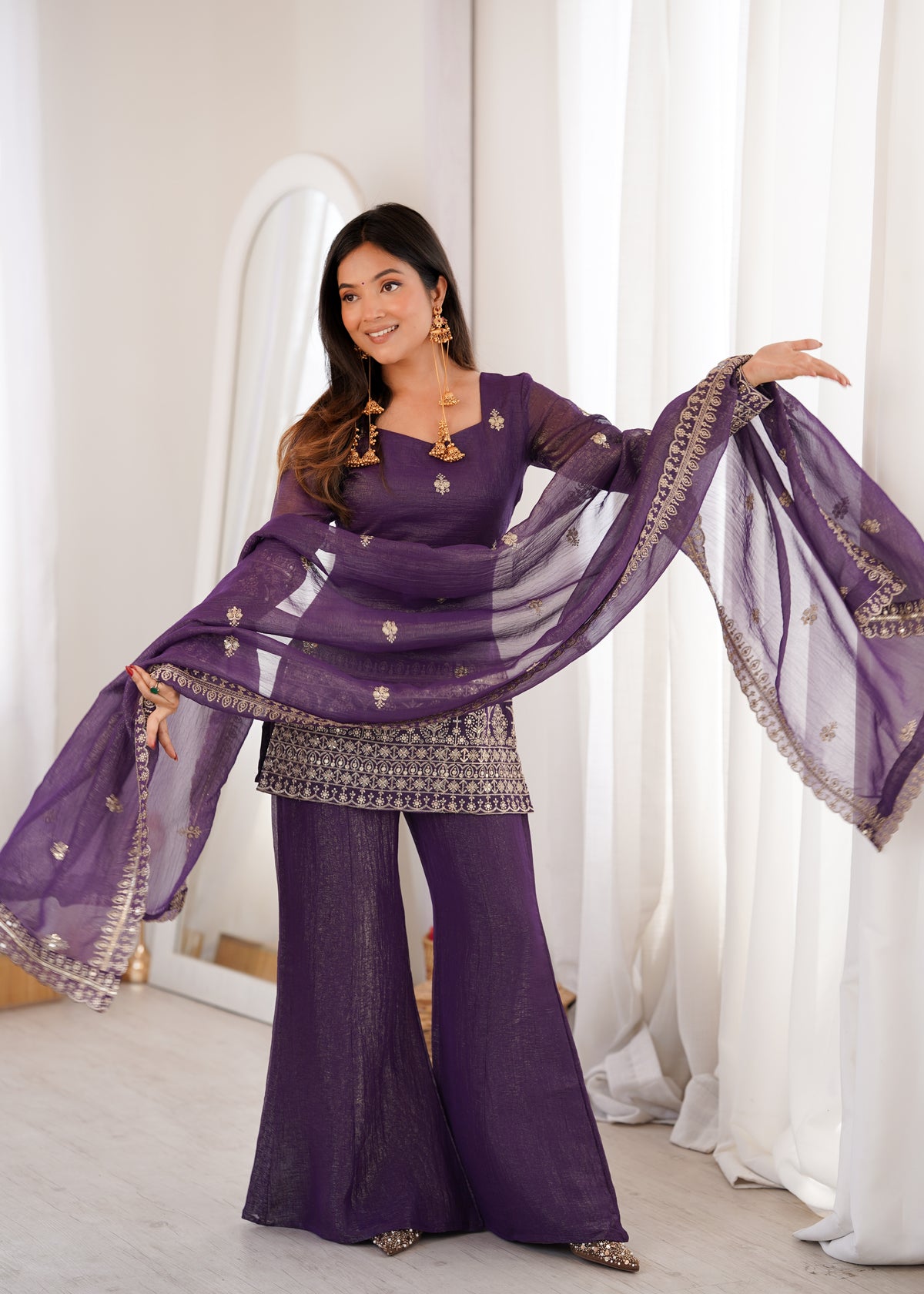 DESIGNER CRUNCHY SILK EMBROIDERED SUIT WITH BELL BOTTOM PALAZZO SET
