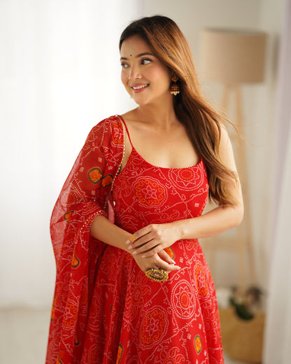 FLORAL RED COLOR BANDHANI PRINT SOFT CHIFFON ANARKALI GOWN