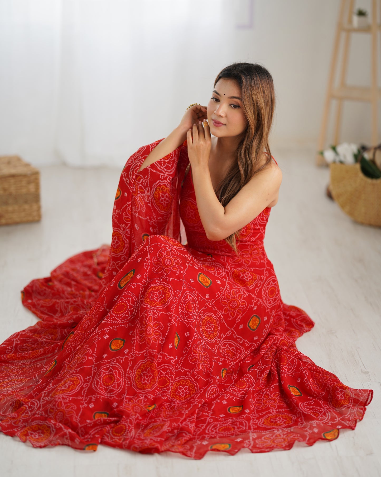 FLORAL RED COLOR BANDHANI PRINT SOFT CHIFFON ANARKALI GOWN