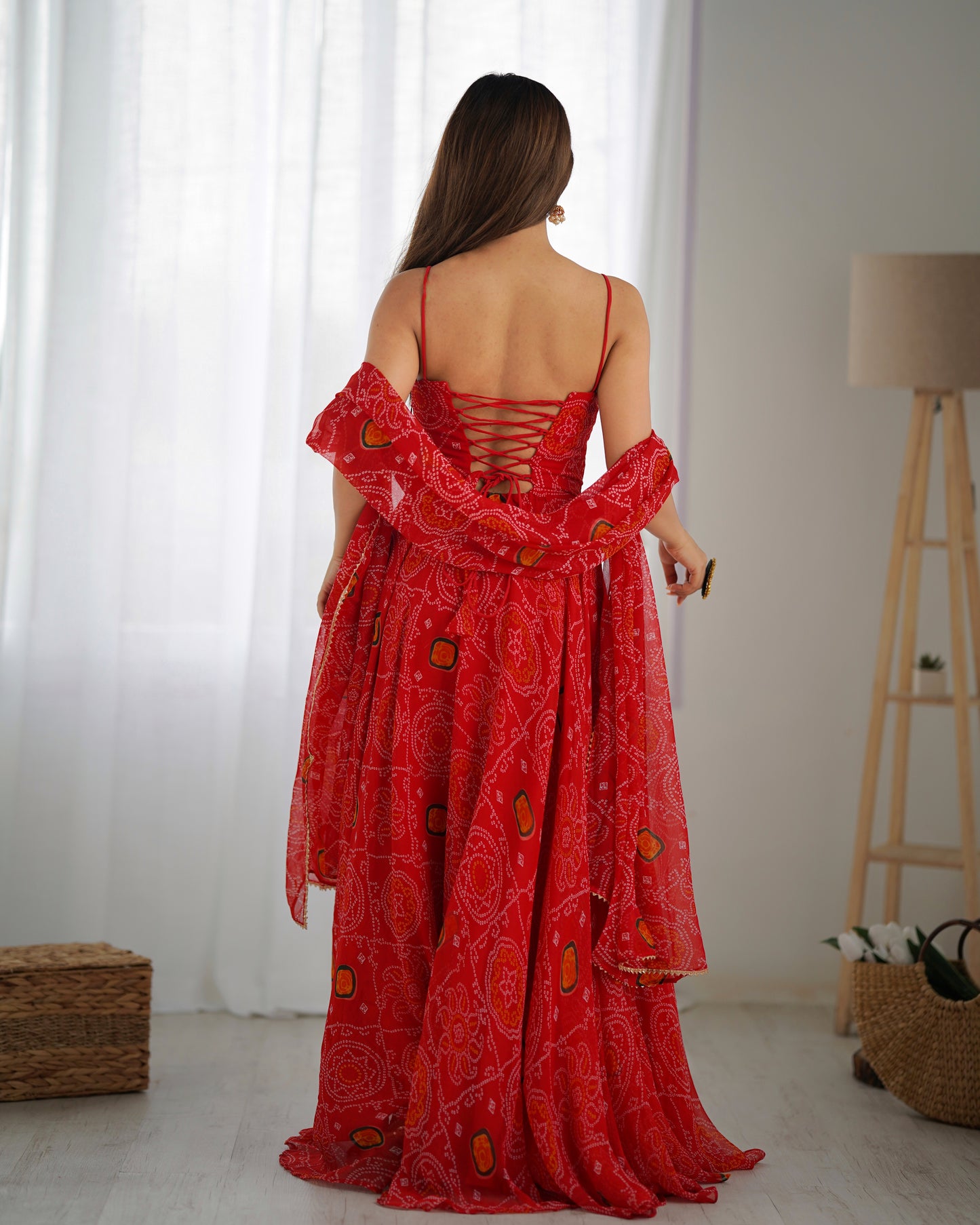 FLORAL RED COLOR BANDHANI PRINT SOFT CHIFFON ANARKALI GOWN